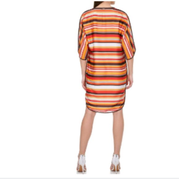 DKNY Dress Women's XL Multi Striped Split-Neck Elbow-Sleeve Shirttail Dress - Picture 2 of 14